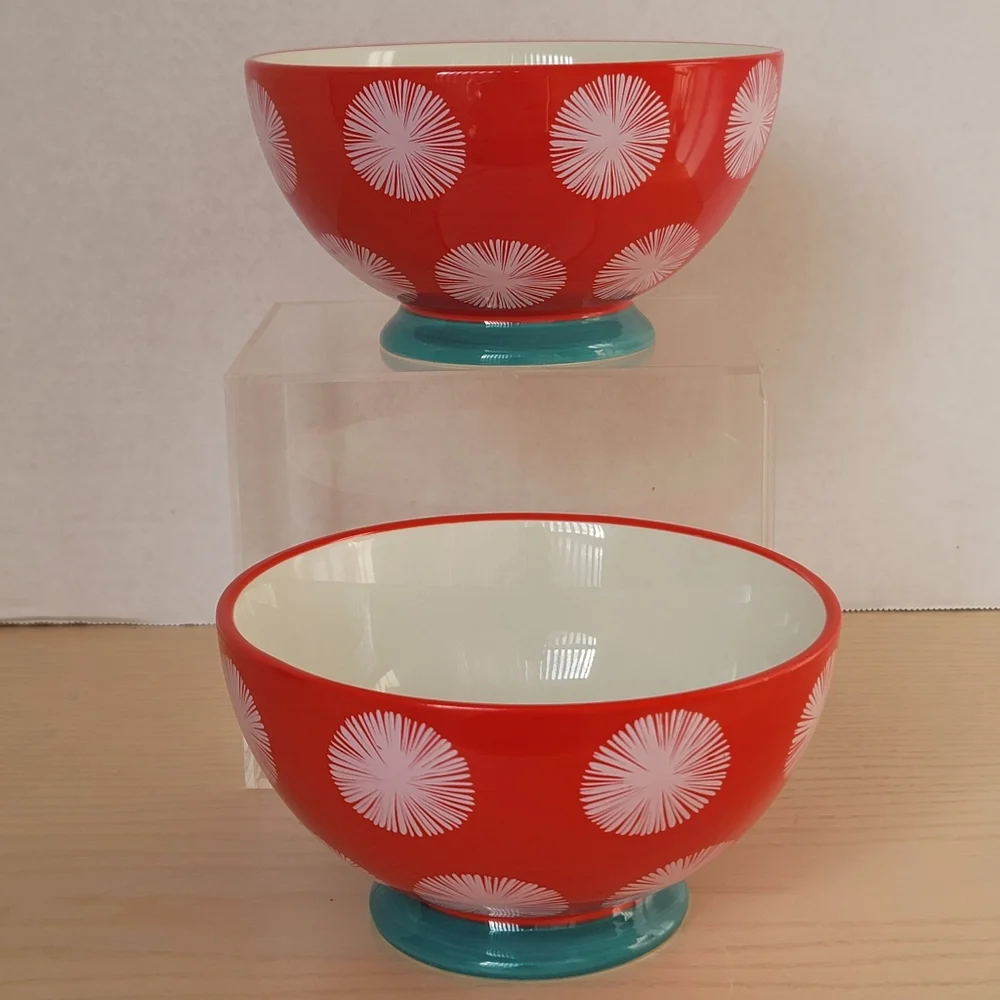 The Pioneer Woman Flea Market  Red White Turquoise Footed Bowl  6